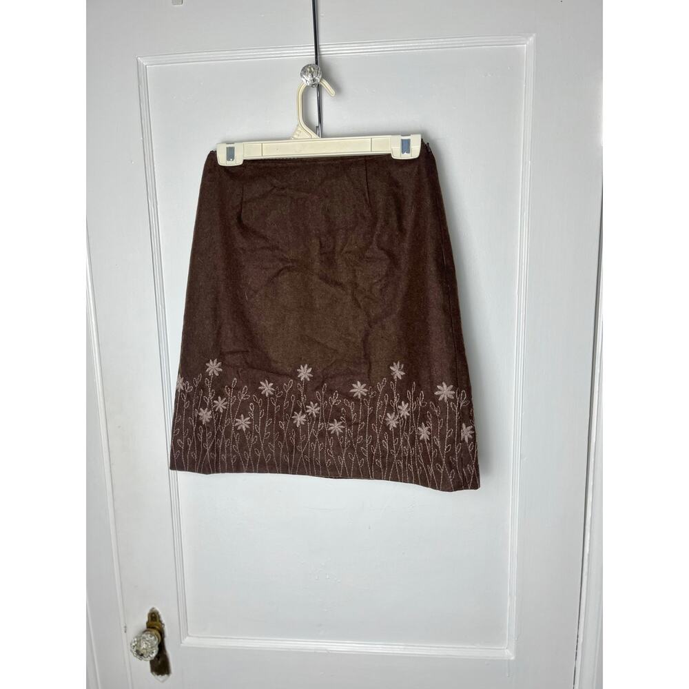 Vintage Y2K 00s J. Jill Brown Wool Scandi Floral Embroidered Short Skirt Size 4
